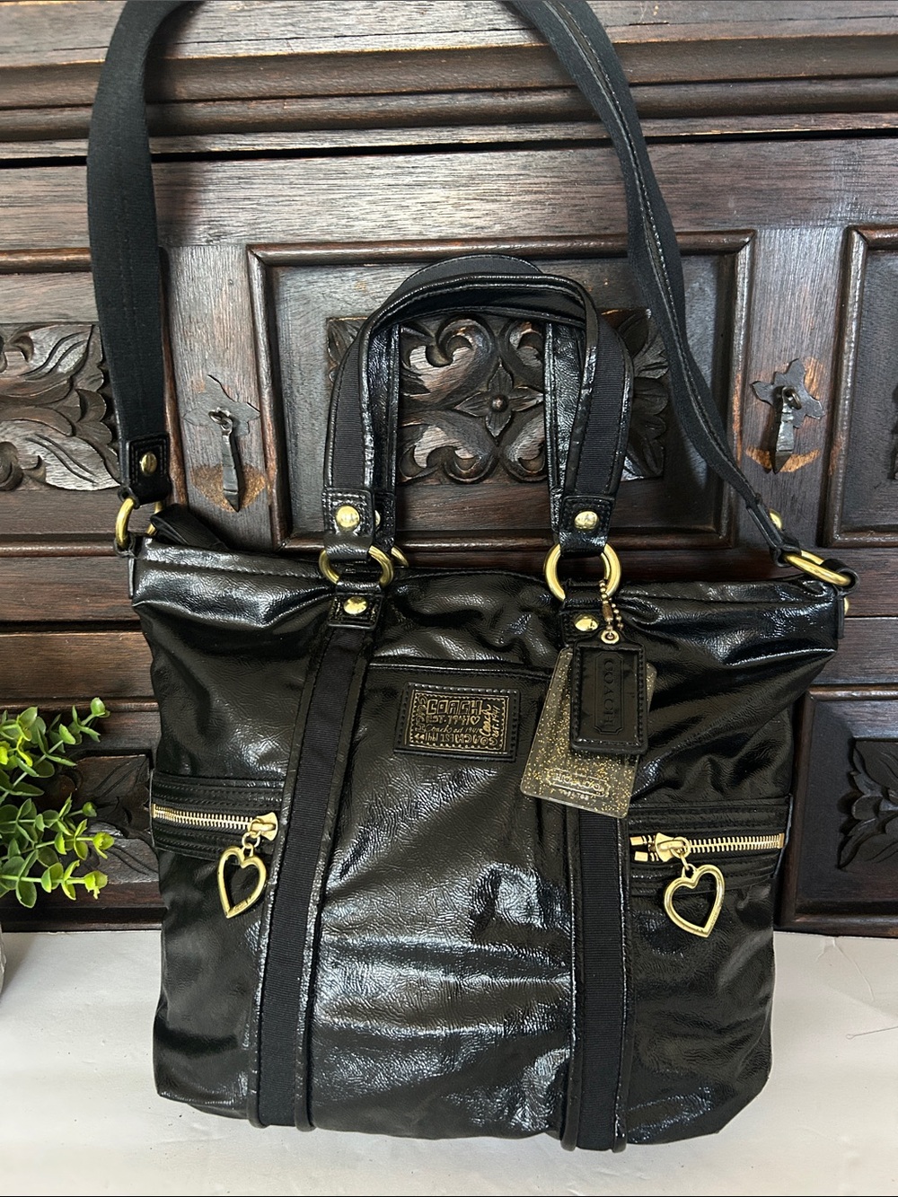 Coach Black Patent Leather Shoulder Tote with Heart Zip Pulls